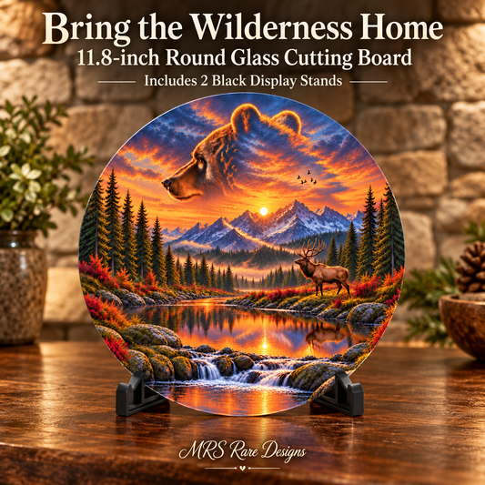 Bear Valley Sunset 11.8-Inch Round Glass Cutting Board with Display Stands
