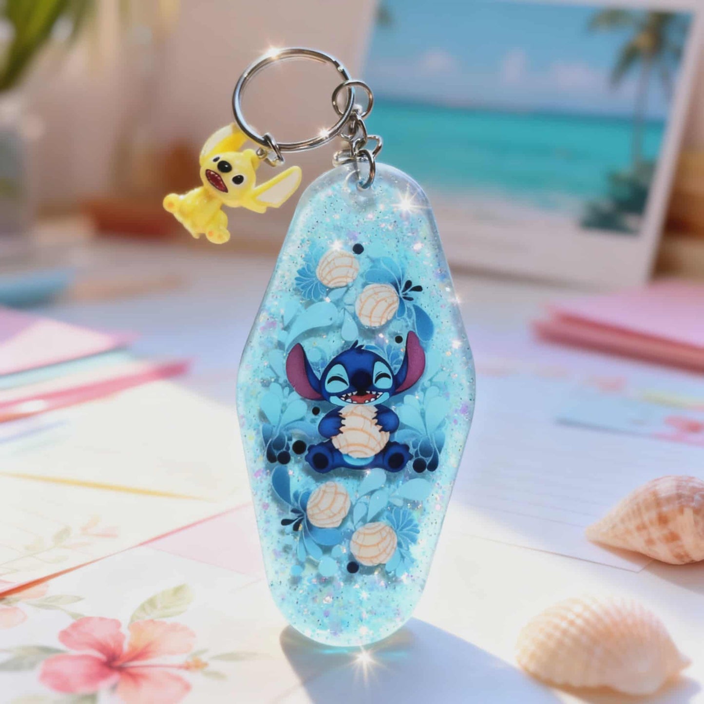 🌺 Tropical Blue Stitch Resin Keychain – Handmade Ocean Glitter Charm with UVDTF Design 🌺