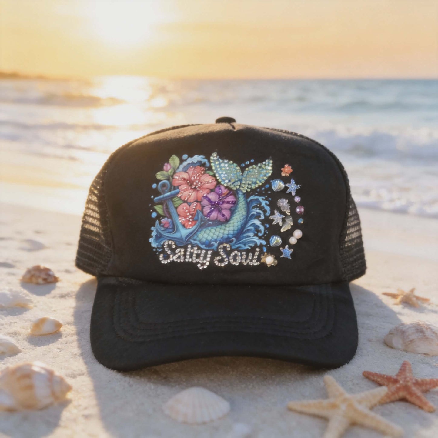 🌊 Salty Soul Rhinestone Trucker Hat – Mermaid Wave Edition 🐚