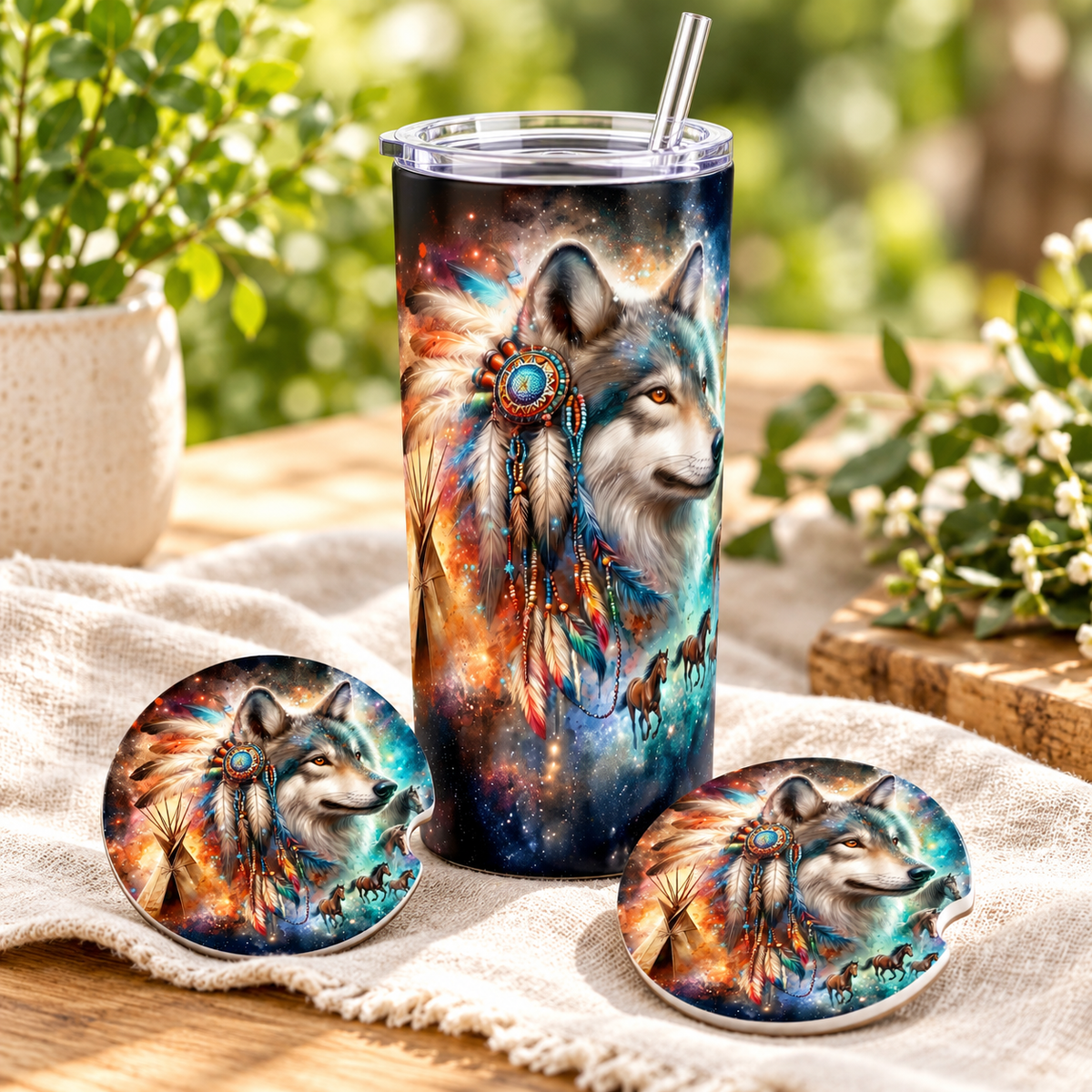 Wild Spirit Wolf Tumbler & Ceramic Coaster Gift Set