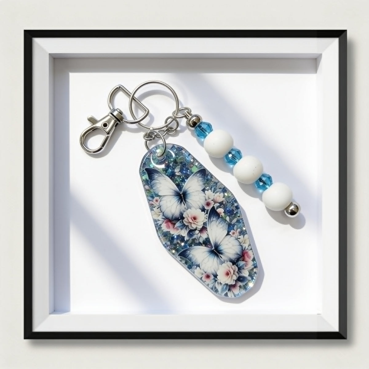 Blue Wing Garden Butterfly & Floral Beaded Keychain