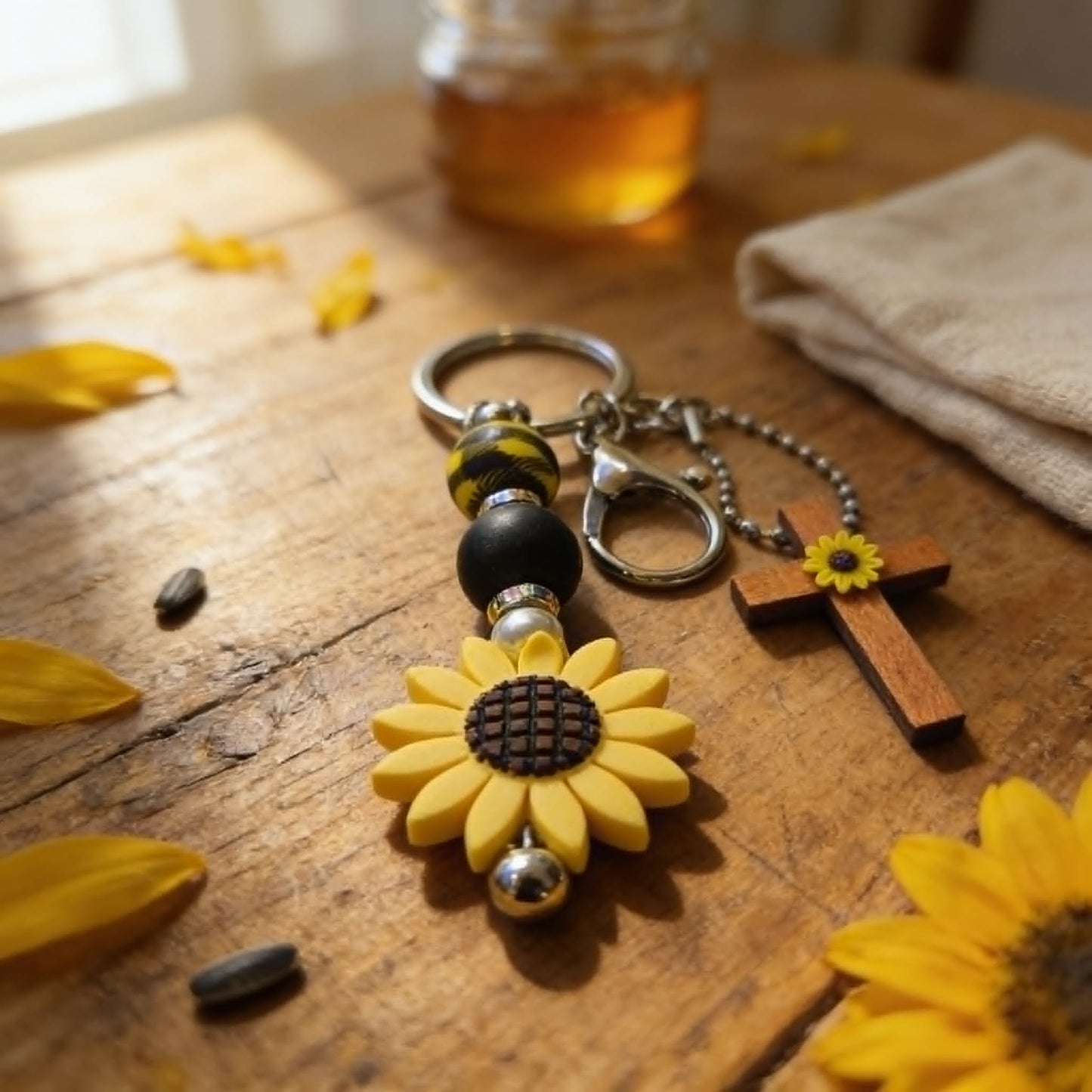 Sunflower Faith Wooden Cross Beaded Keychain & Bag Charm