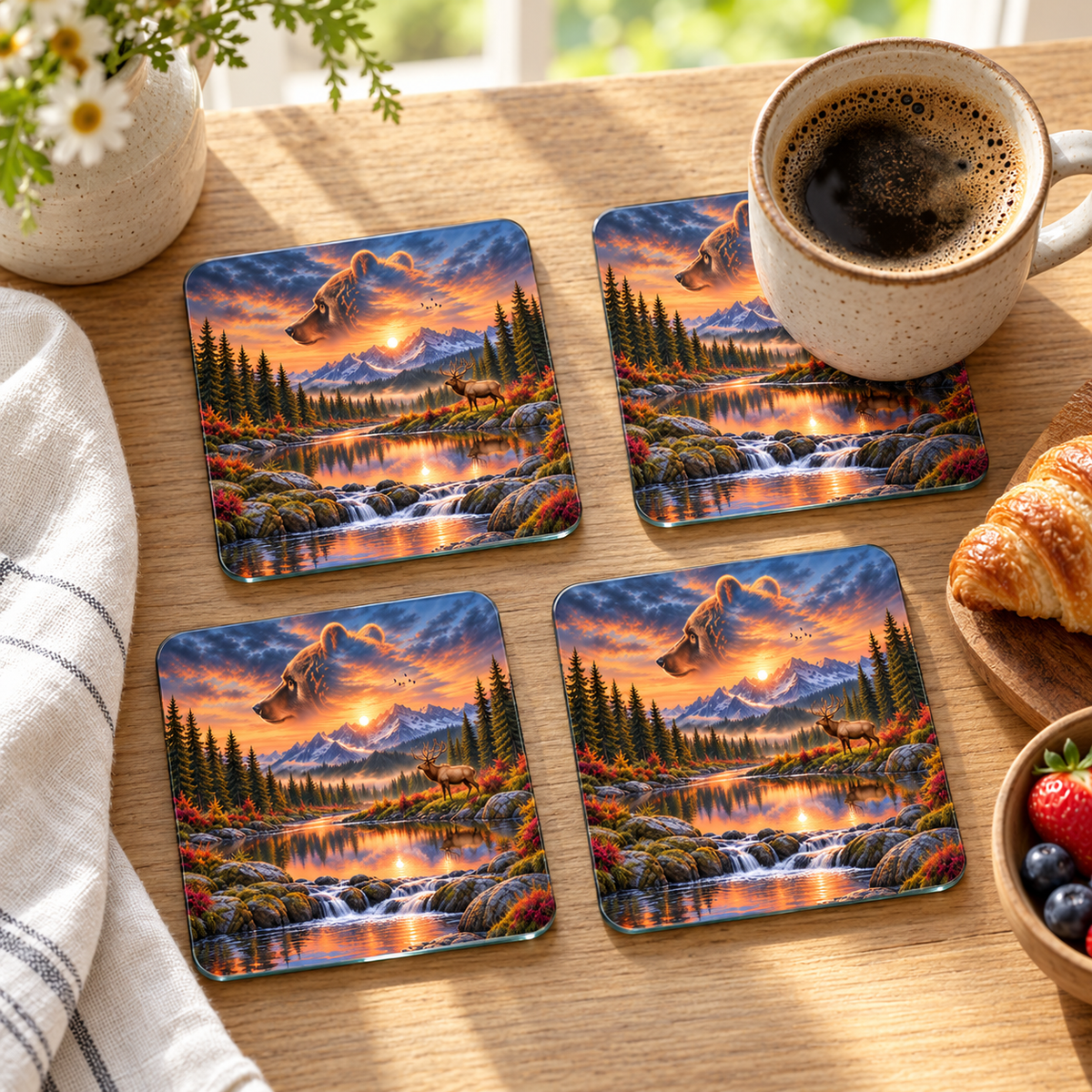 Bear Valley Sunset Square Glass Coasters – Set of 4