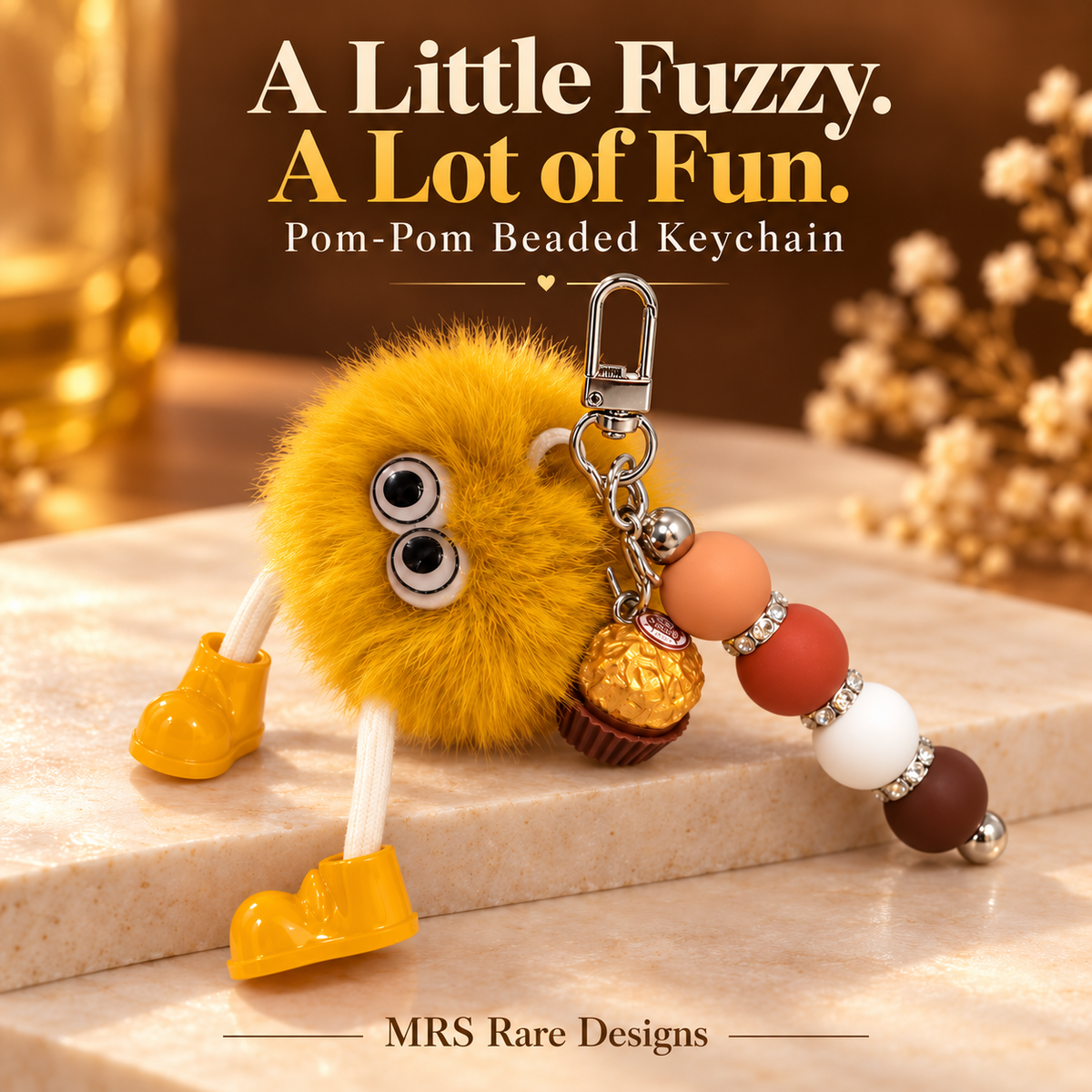 Golden Giggles Pom-Pom Beaded Keychain