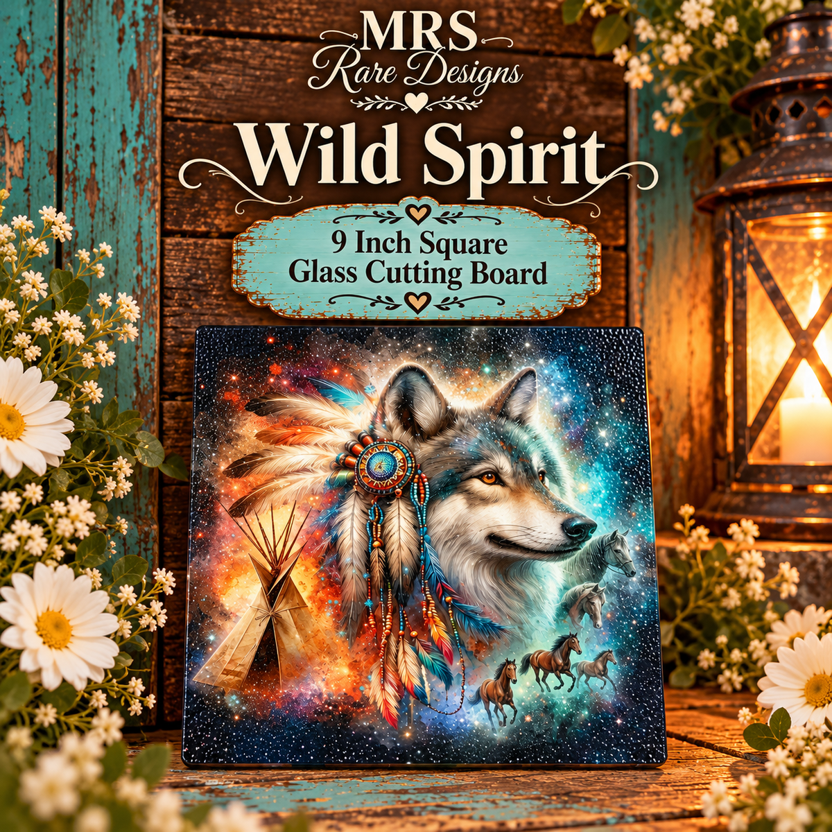 Wild Spirit Wolf 9-Inch Square Glass Cutting Board