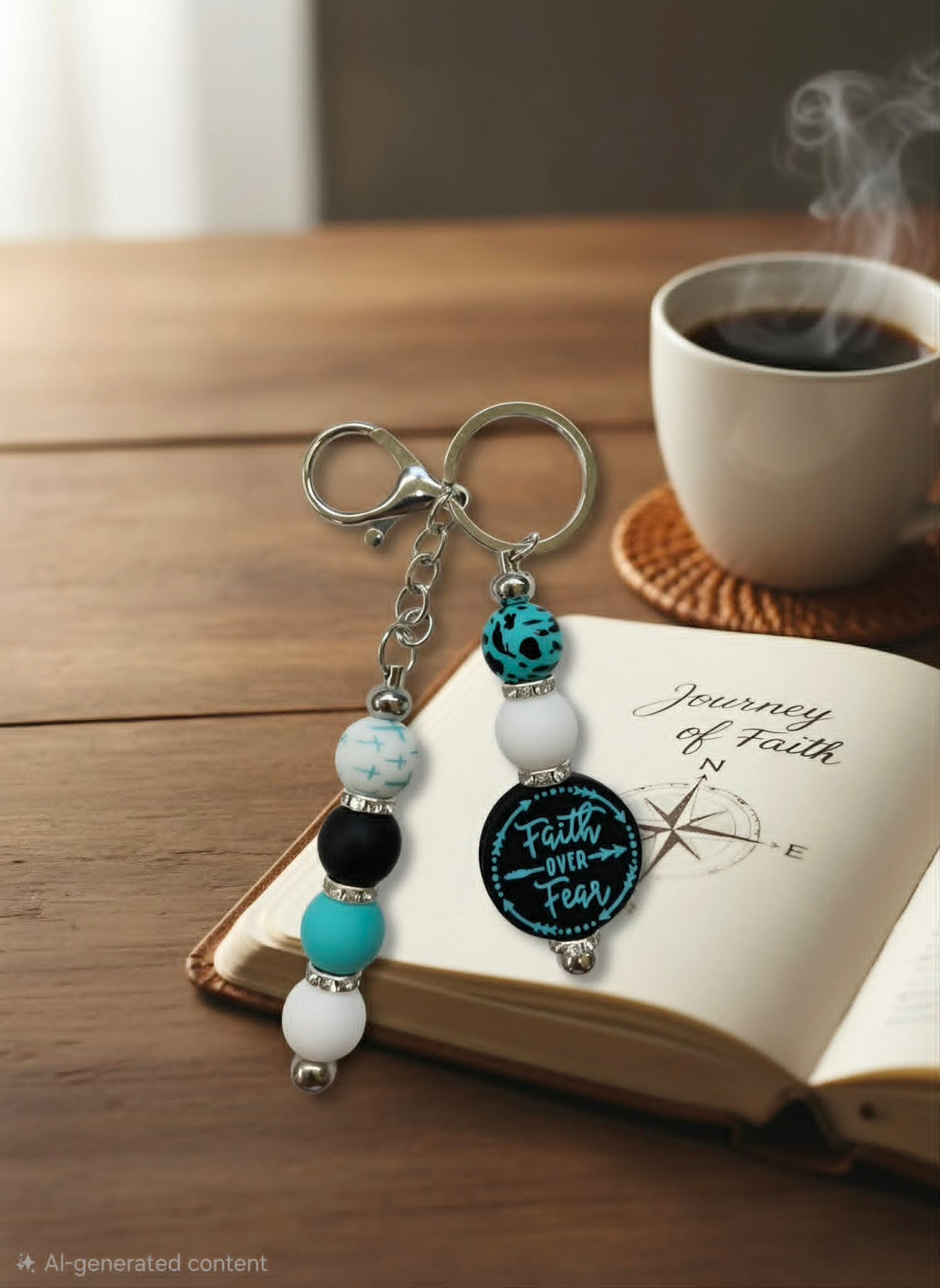 Courage in Teal Faith Over Fear Beaded Keychain