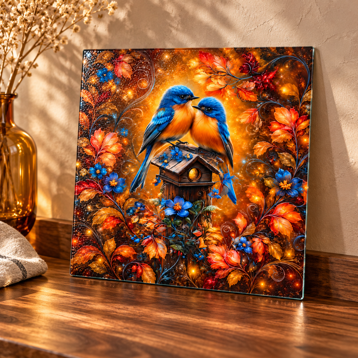 Amber Garden Bluebirds Square Glass Cutting Board – 9 Inch