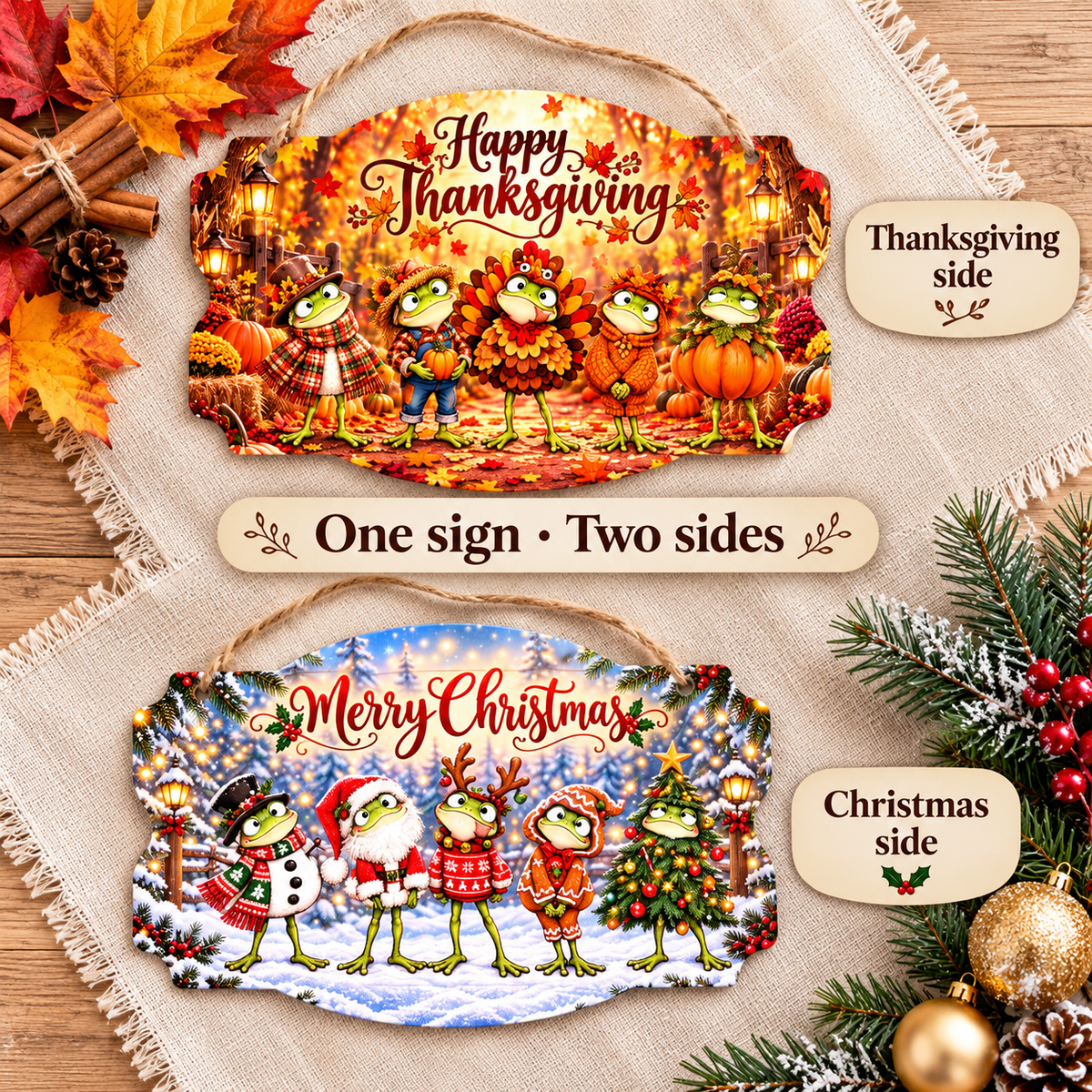 Hoppy Holidays Double-Sided Thanksgiving & Christmas Metal Sign