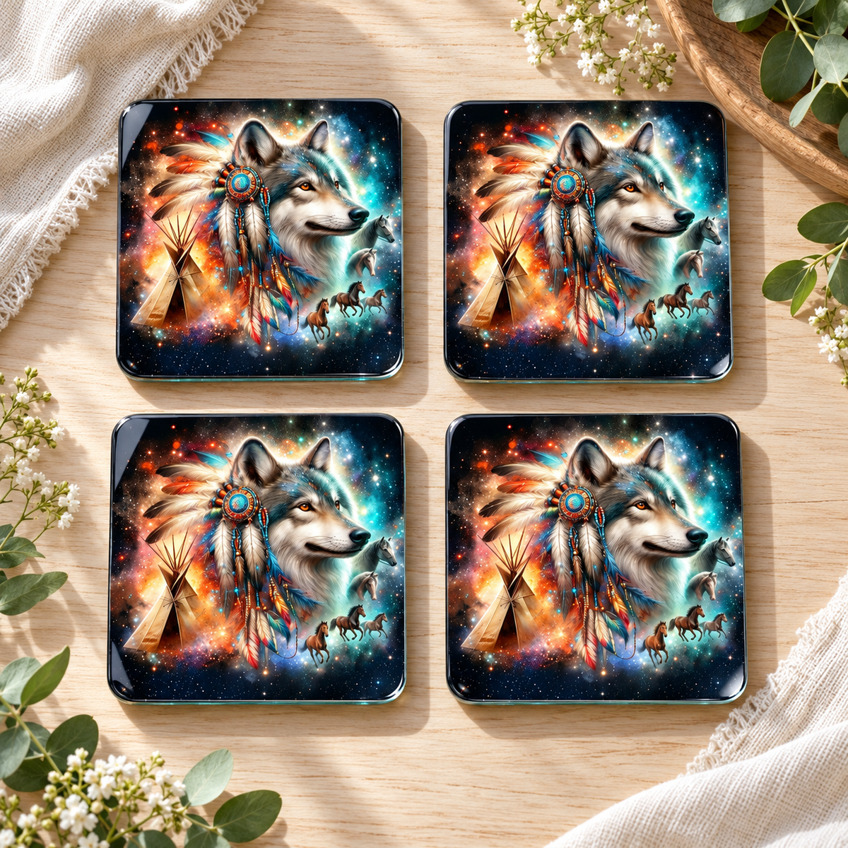 Wild Spirit Wolf Glass Coasters – Set of 4