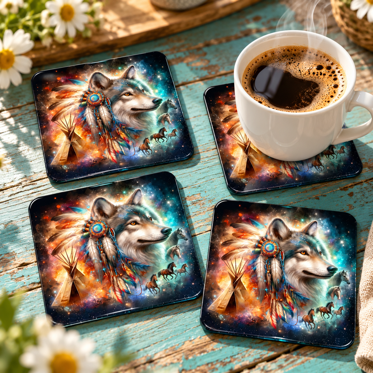 Wild Spirit Wolf Glass Coasters – Set of 4