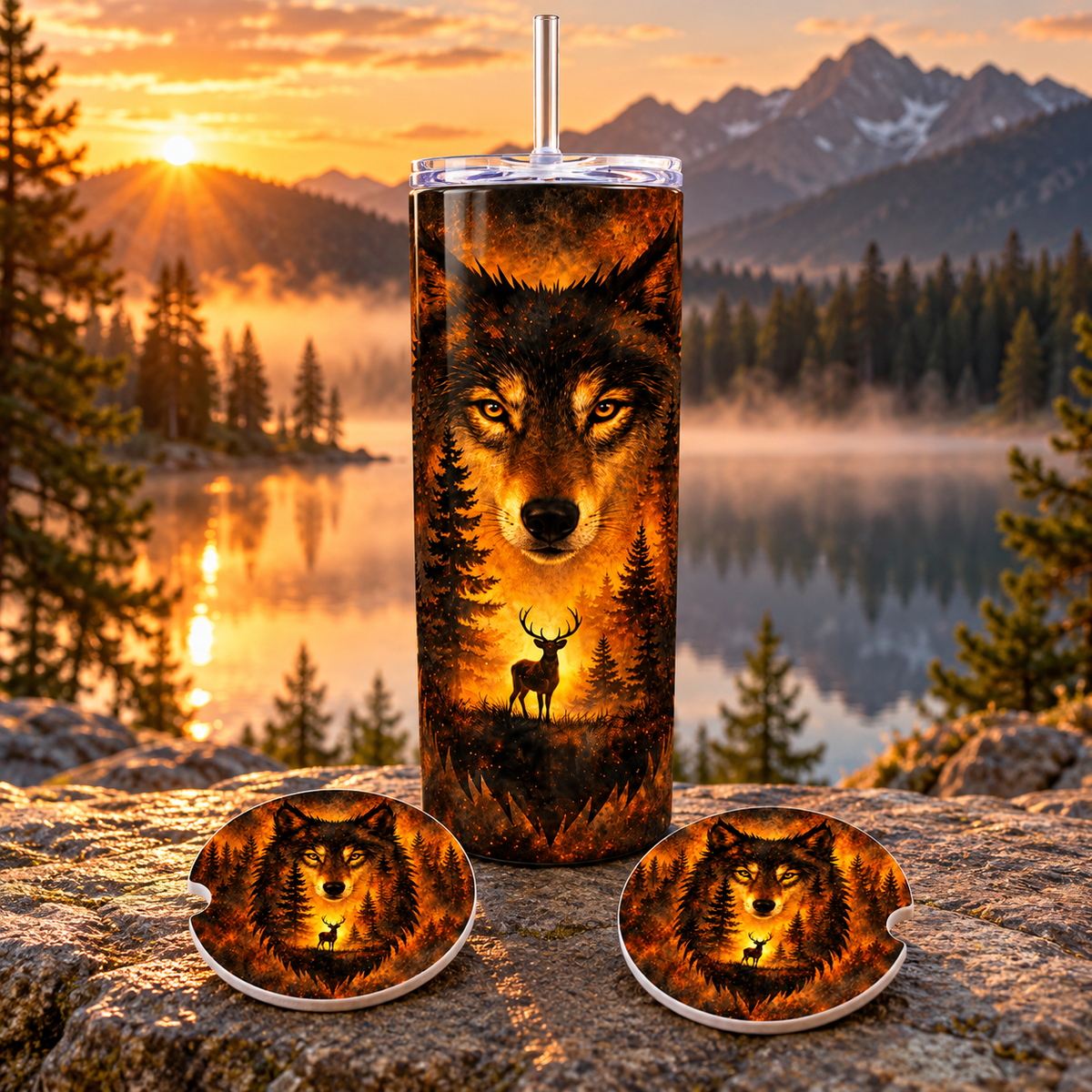 Amber Wilderness Wolf 30-Ounce Tumbler & Car Coaster Gift Set