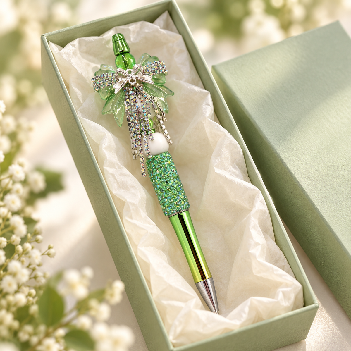 Emerald Sparkle Green Rhinestone Bow Pen