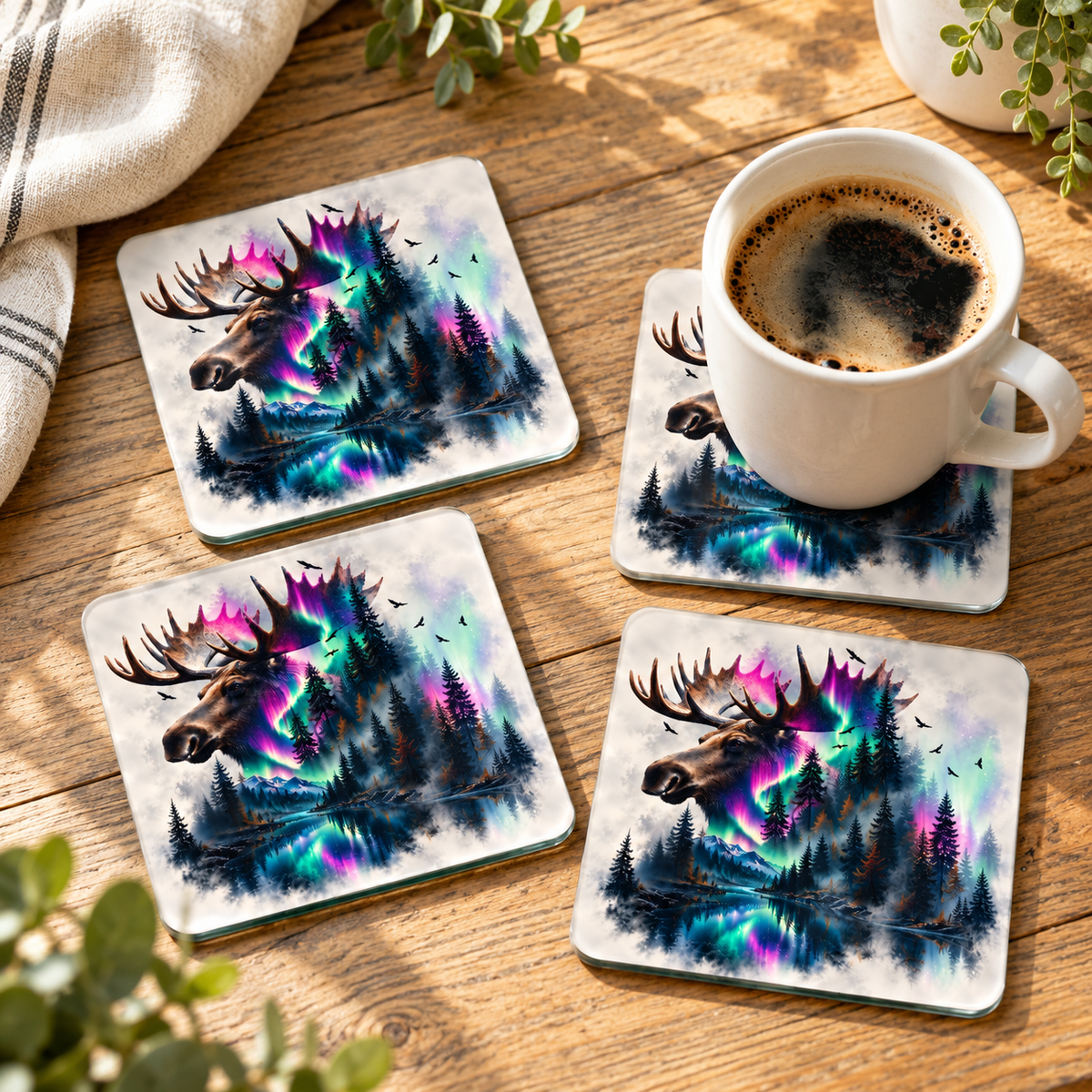 Northern Majesty Moose Square Glass Coasters – Set of 4