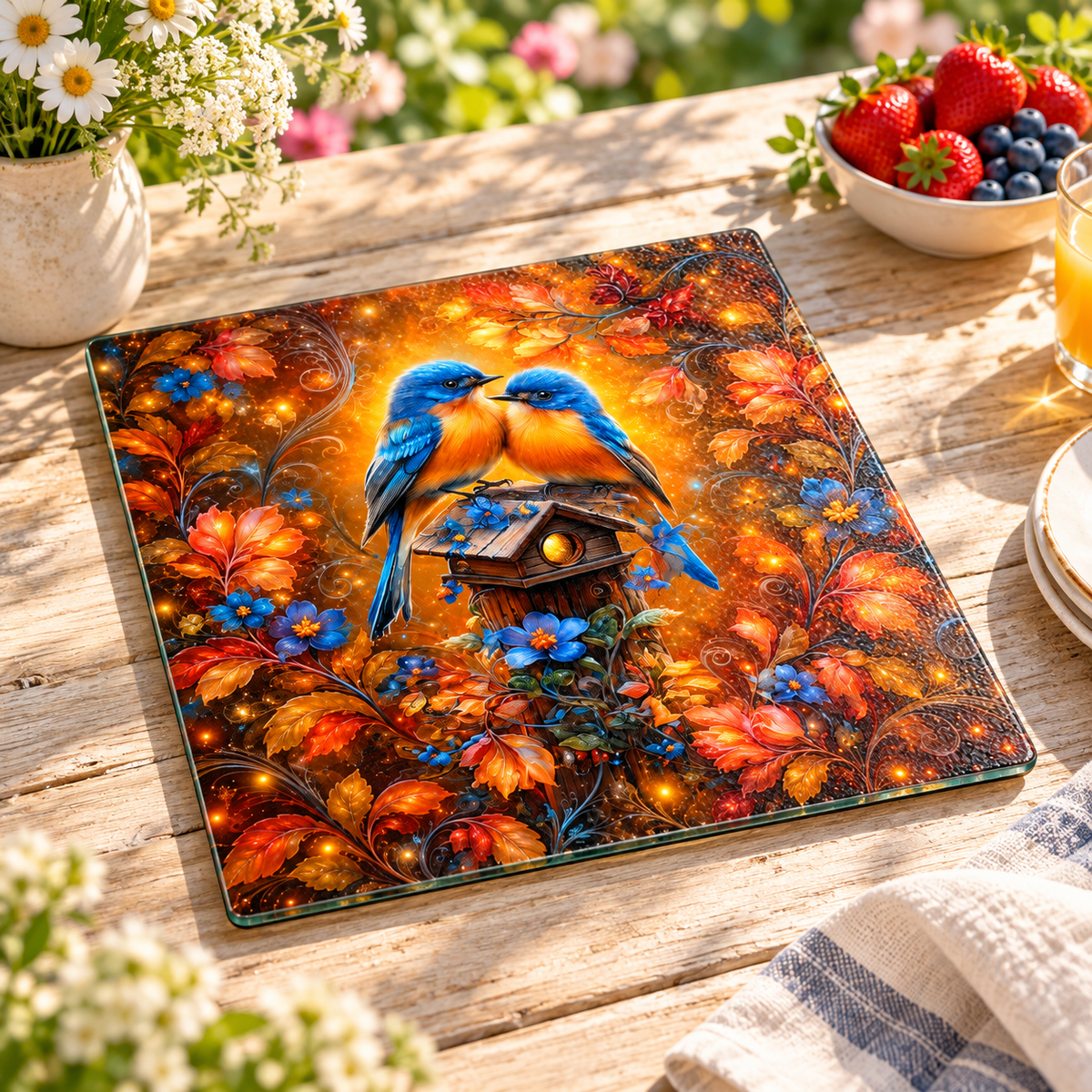 Amber Garden Bluebirds Square Glass Cutting Board – 9 Inch