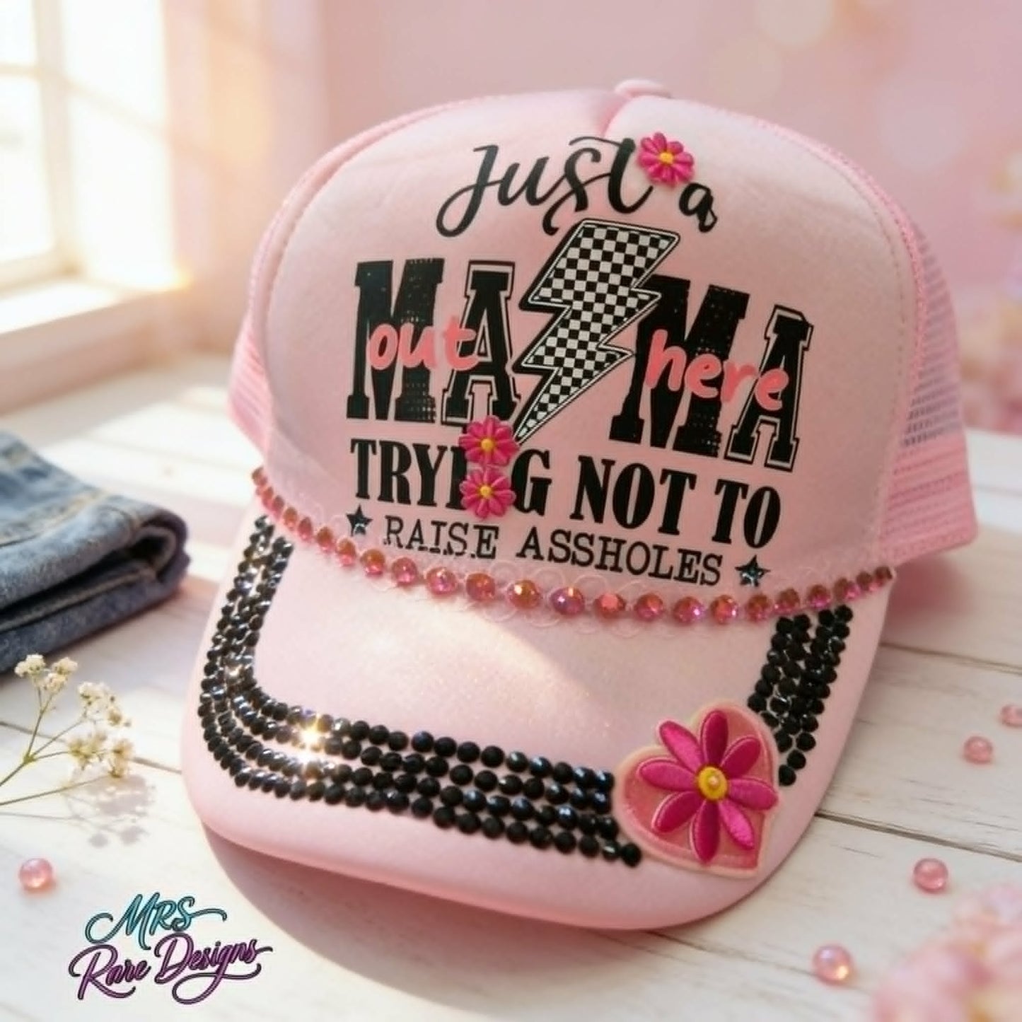 The Rhinestone Mama Trucker Hat "Raising Good Humans Is Hard Work" Edition