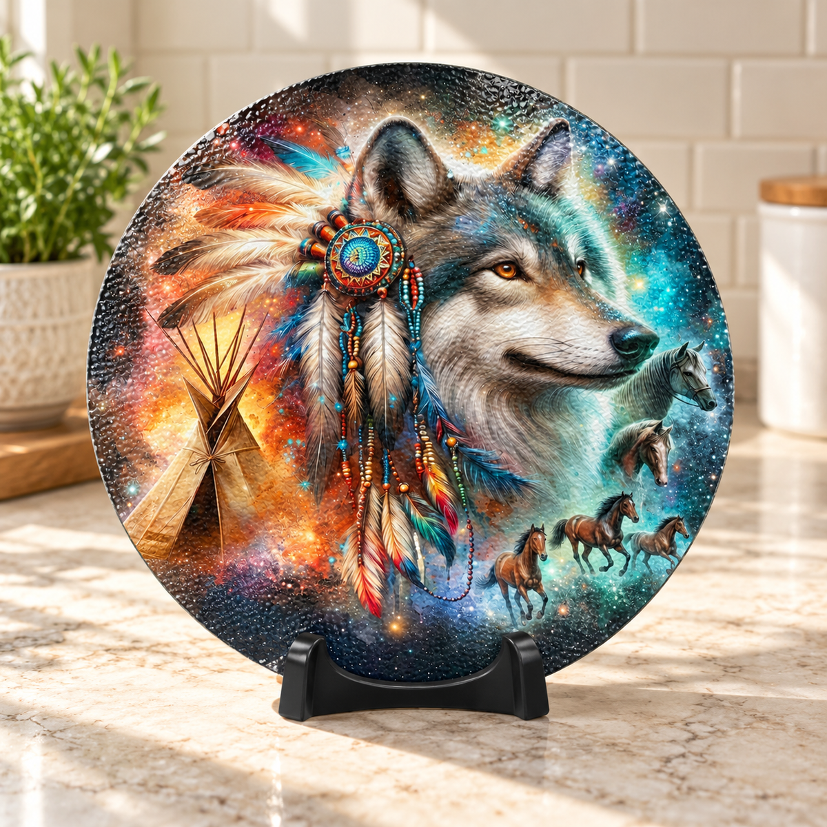 Wild Spirit Wolf 11.8-Inch Round Glass Cutting Board with Stand