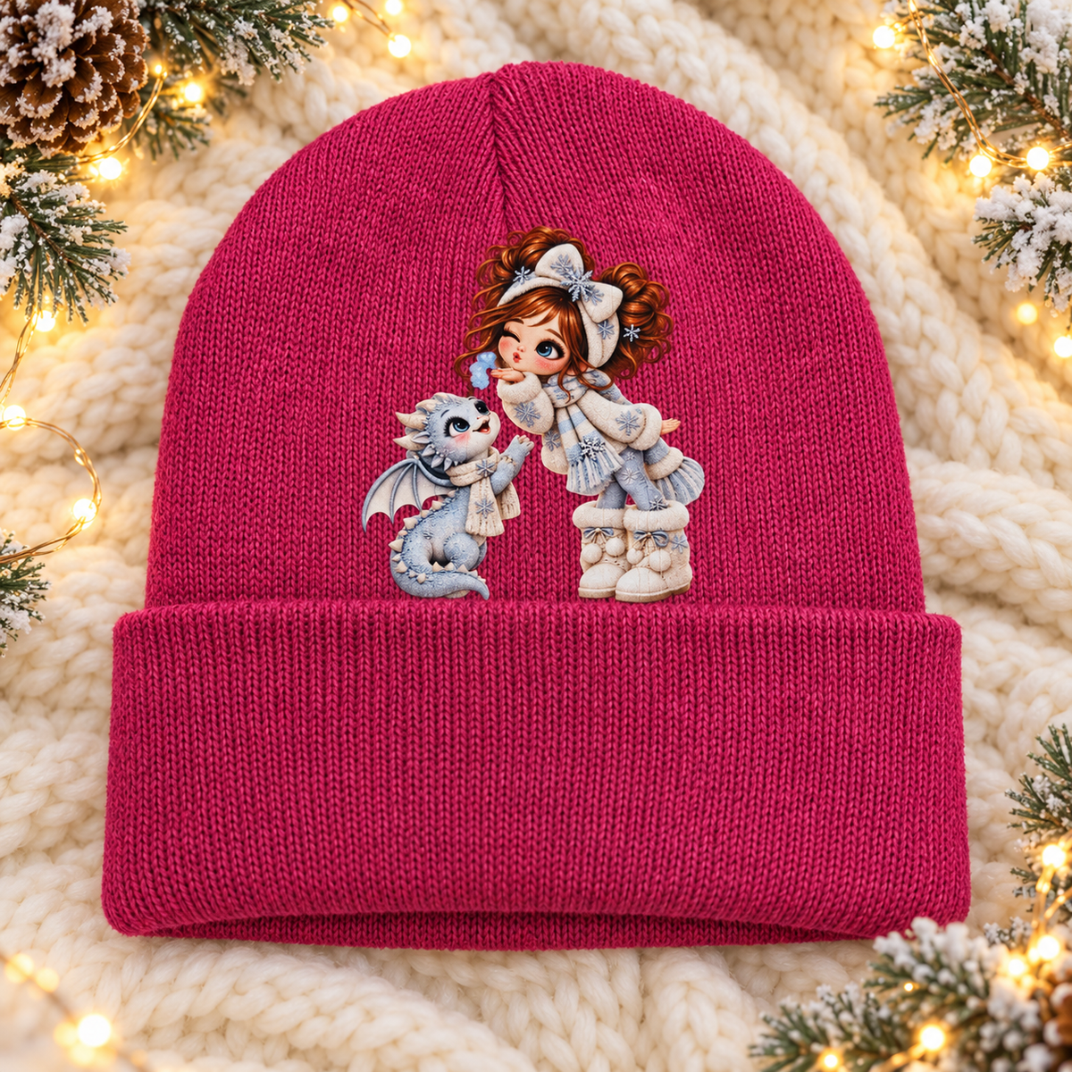 Winter Kisses Pink Girl & Dragon Beanie