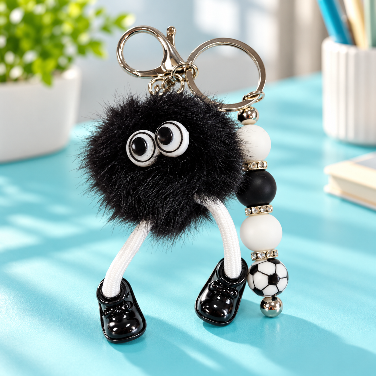 Black Fuzzy Monster Soccer Beaded Keychain