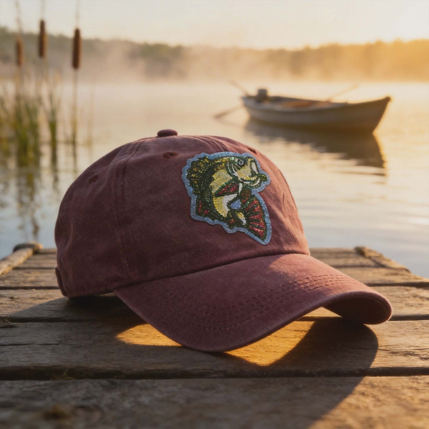 Embroidered Patch Largemouth Bass Vintage Dad Hat – Sunset Maroon Fishing Cap