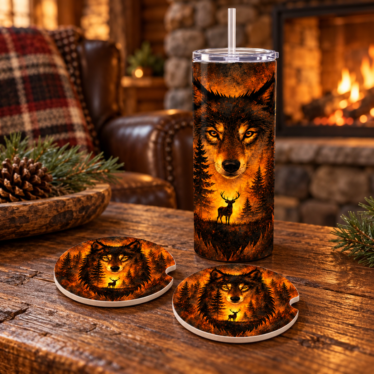 Amber Wilderness Wolf Tumbler & Car Coaster Gift Set