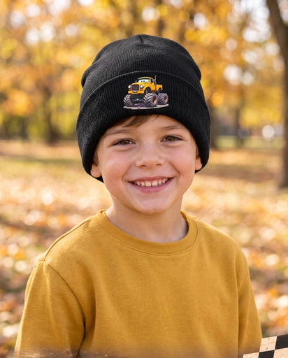 "Big Wheels, Cozy Days" Monster Truck Beanie
