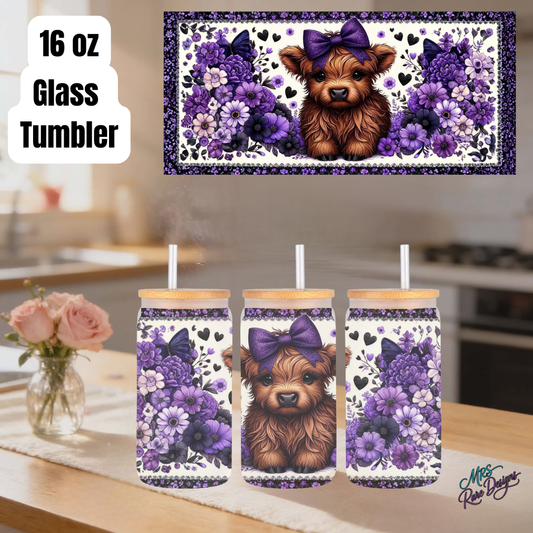 Highland Cow Floral 16oz Glass Tumbler Collection – Blue, Teal, Dark Pink, Lavender & Light Pink Rustic Farmhouse Gift