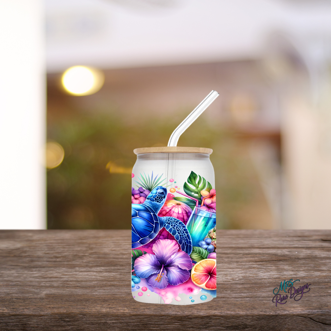 Turtle Time Tropical Sips 16 oz Glass Tumbler