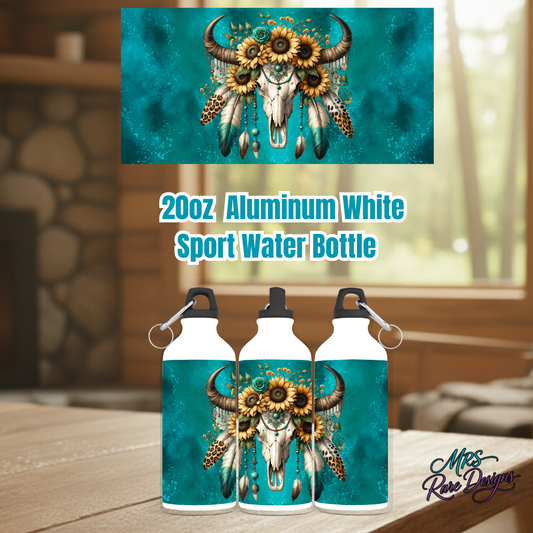 Boho Sunflower Skull 20oz Aluminum Sports Water Bottle – Western Turquoise Floral Bull Skull Design with Carabiner Lid