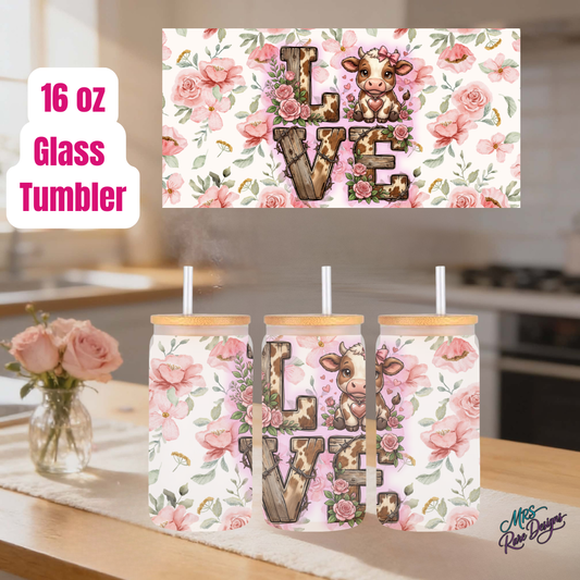 Love Floral Cow 16oz Glass Tumbler with Bamboo Lid & Straw