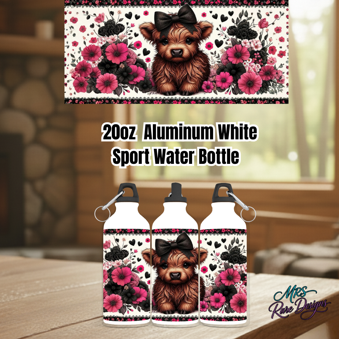 Highland Cow 20oz Aluminum Sport Water Bottle Collection – Rustic Farmhouse Cow Design in Teal, Pink, Purple, Blue & Dark Pink