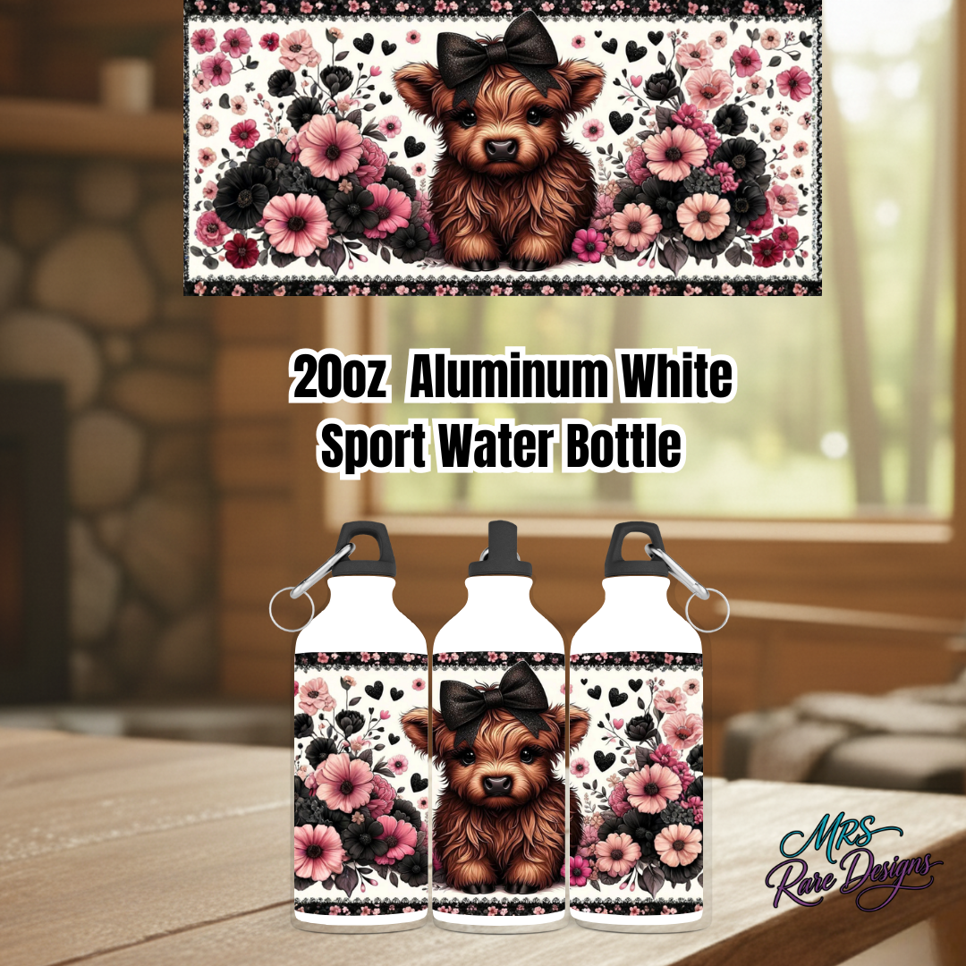Highland Cow 20oz Aluminum Sport Water Bottle Collection – Rustic Farmhouse Cow Design in Teal, Pink, Purple, Blue & Dark Pink