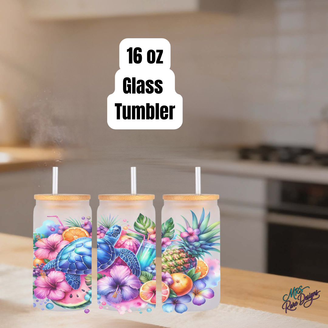 Turtle Time Tropical Sips 16 oz Glass Tumbler