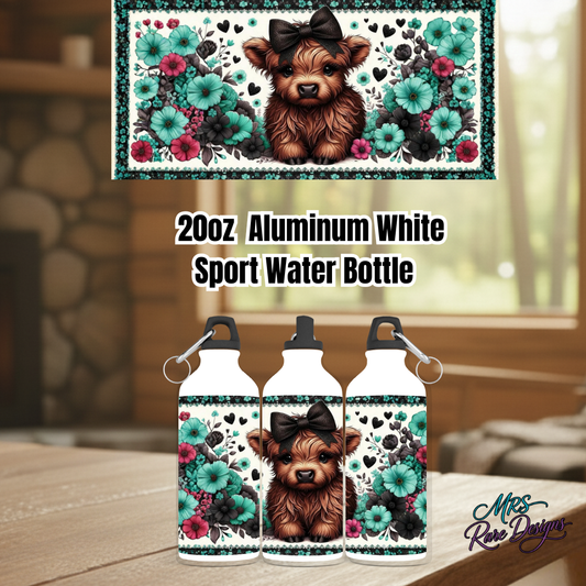 Highland Cow 20oz Aluminum Sport Water Bottle Collection – Rustic Farmhouse Cow Design in Teal, Pink, Purple, Blue & Dark Pink