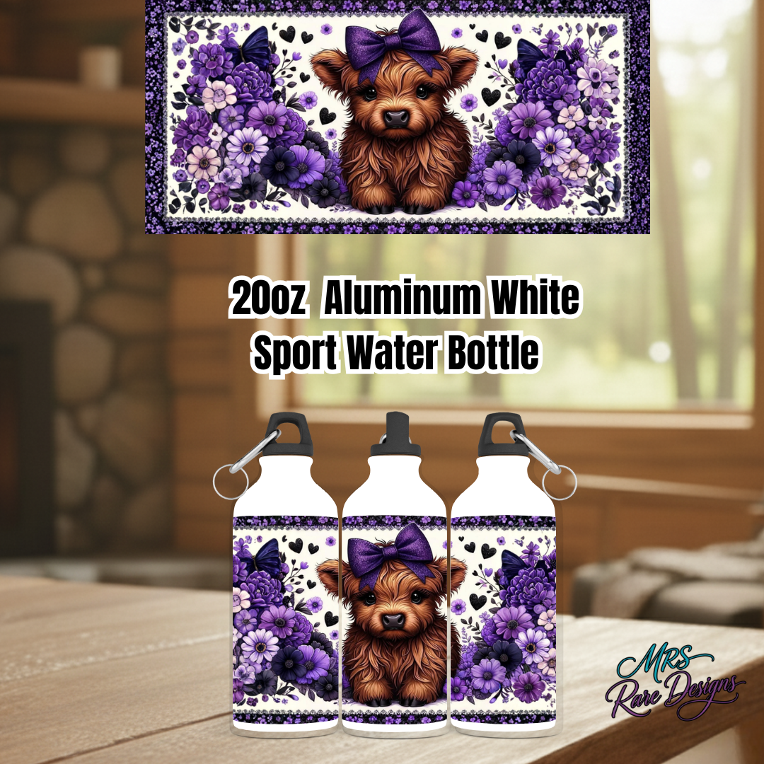 Highland Cow 20oz Aluminum Sport Water Bottle Collection – Rustic Farmhouse Cow Design in Teal, Pink, Purple, Blue & Dark Pink