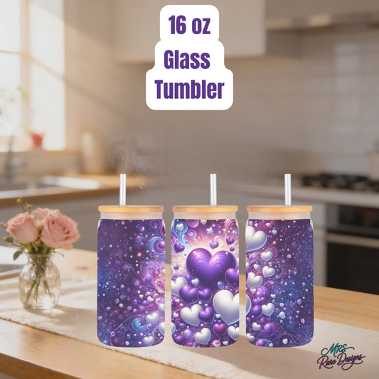 Starlit Hearts 16oz Glass Tumbler – Purple Galaxy Love Collection