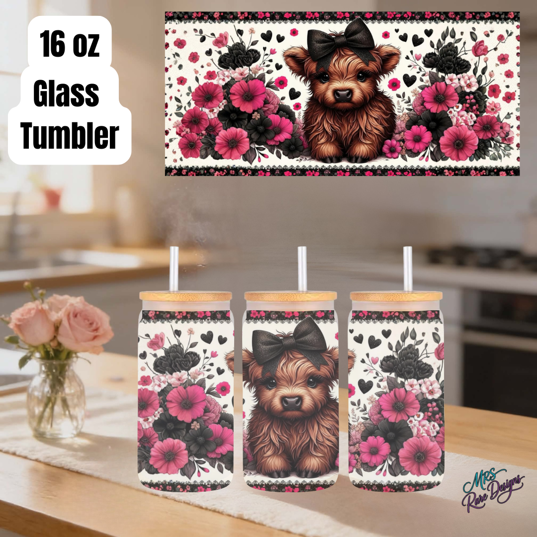 Highland Cow Floral 16oz Glass Tumbler Collection – Blue, Teal, Dark Pink, Lavender & Light Pink Rustic Farmhouse Gift