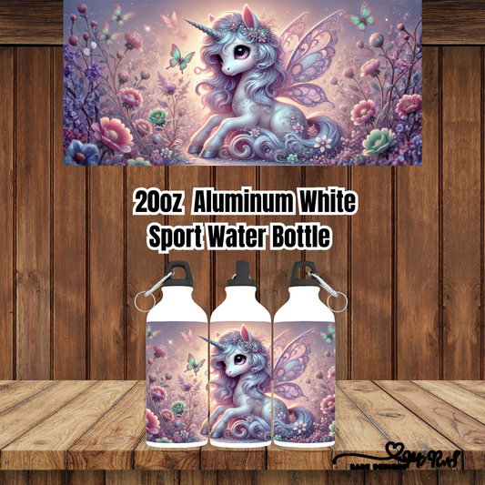 Enchanted Unicorn Garden – 20 oz Aluminum Sport Water Bottle (White, Carabiner Lid)