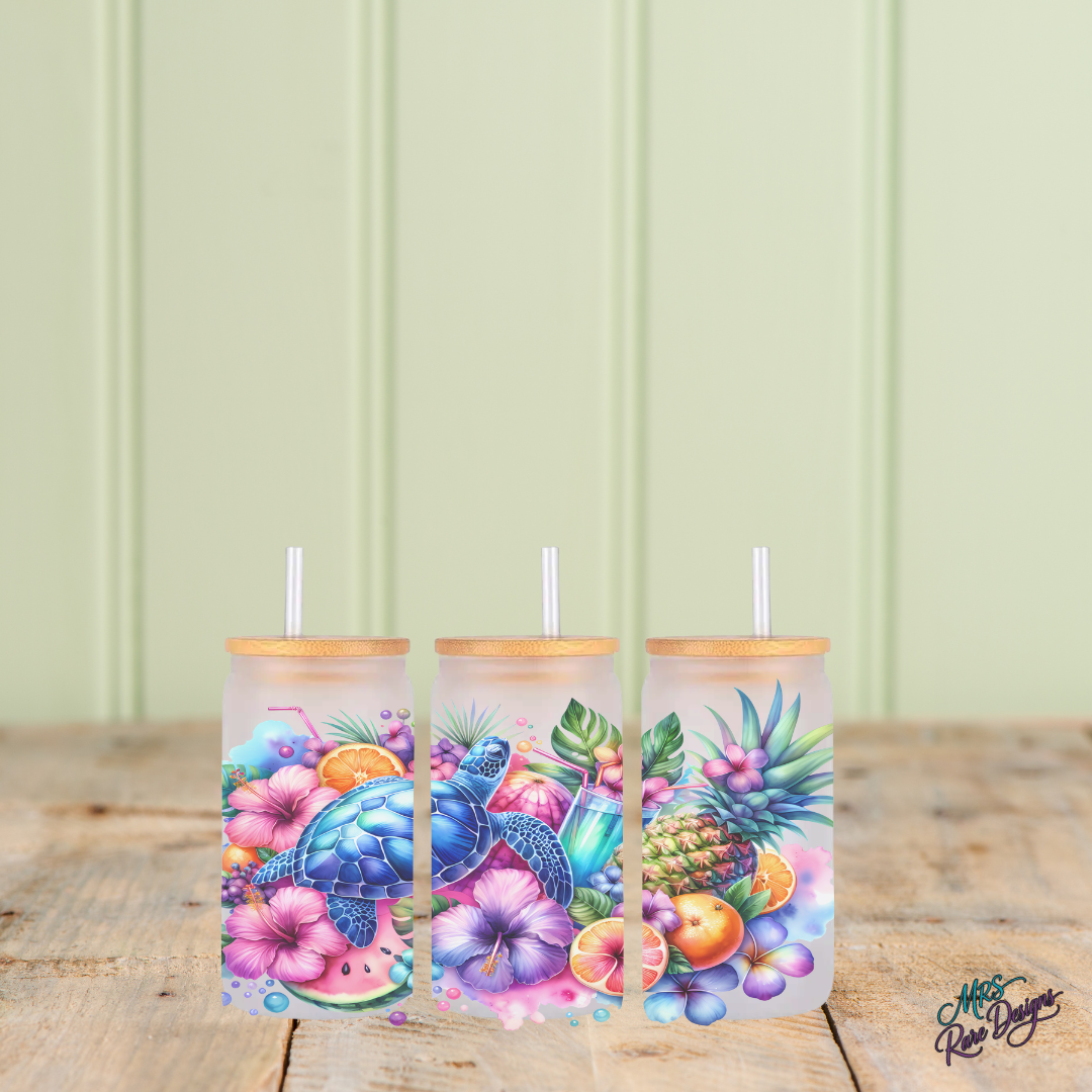 Turtle Time Tropical Sips 16 oz Glass Tumbler
