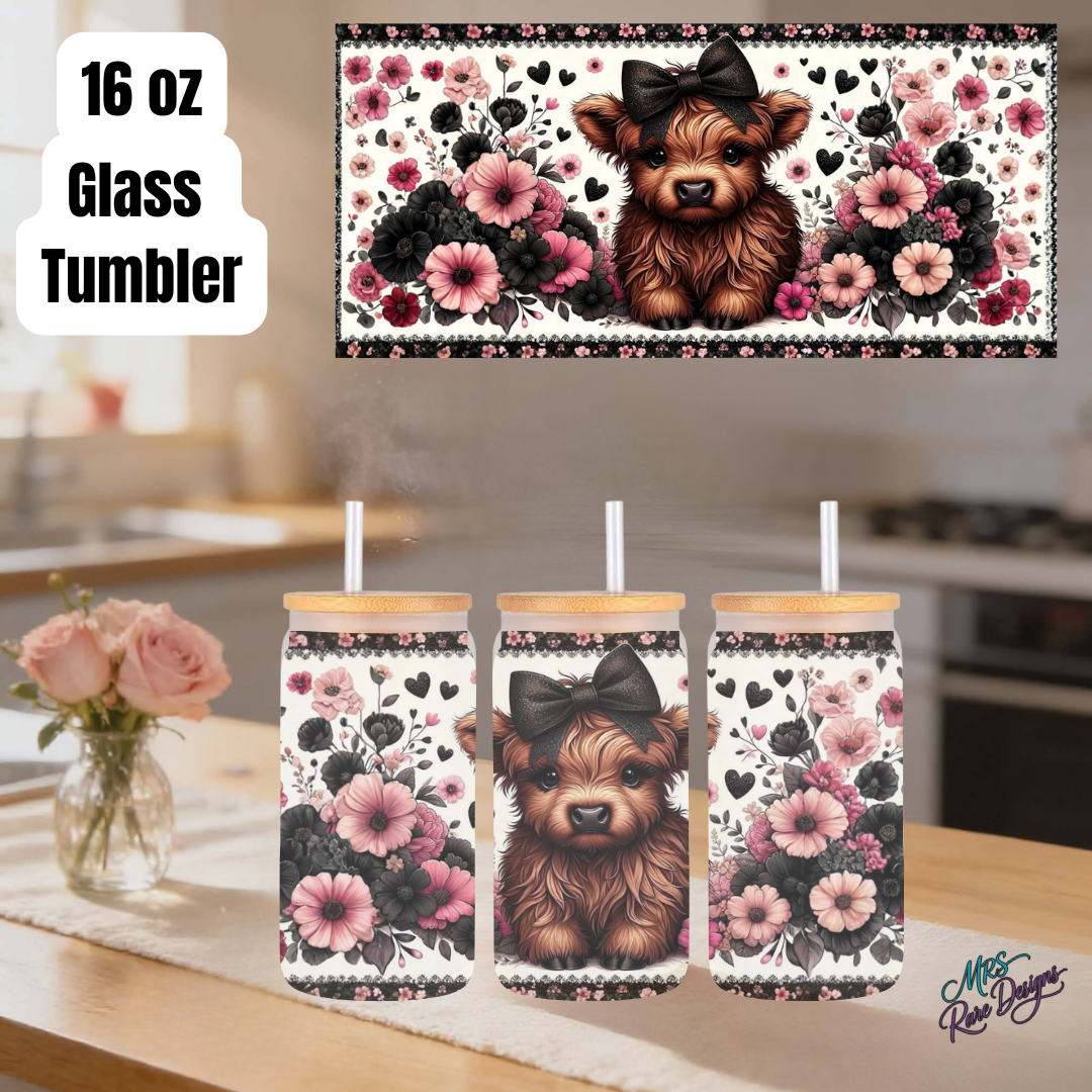 Highland Cow Floral 16oz Glass Tumbler Collection – Blue, Teal, Dark Pink, Lavender & Light Pink Rustic Farmhouse Gift