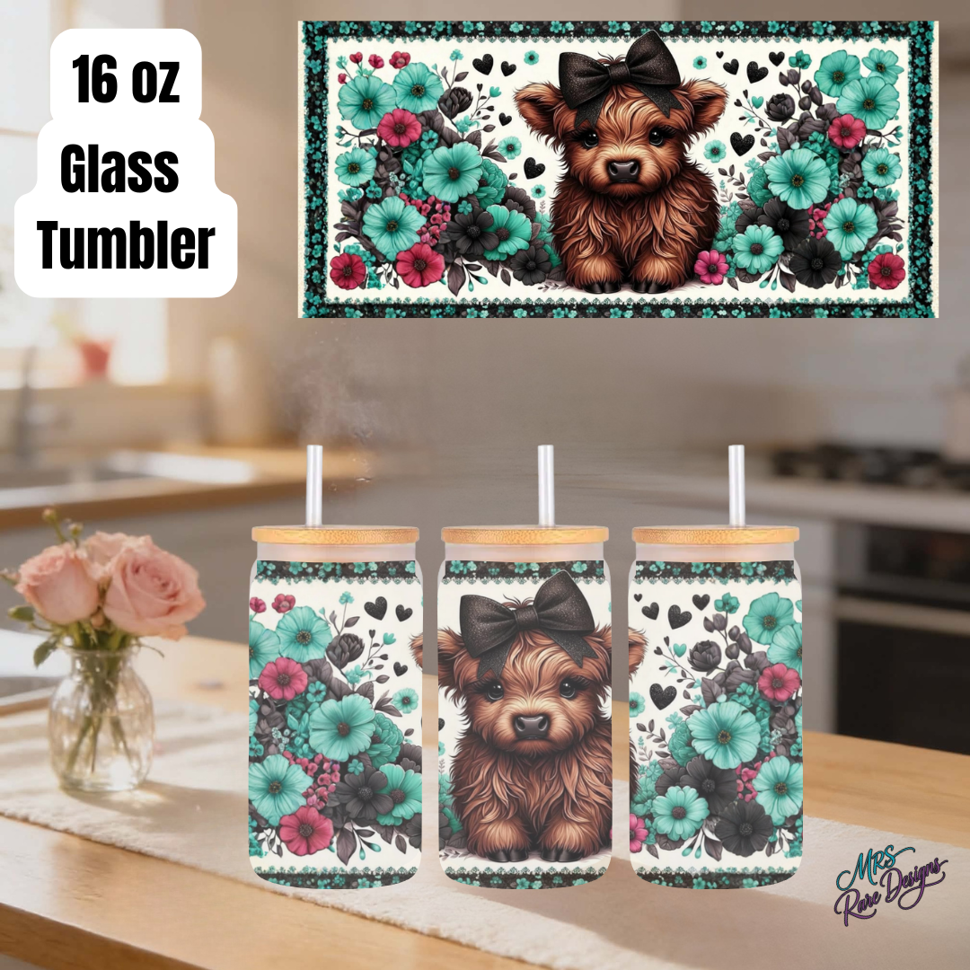 Highland Cow Floral 16oz Glass Tumbler Collection – Blue, Teal, Dark Pink, Lavender & Light Pink Rustic Farmhouse Gift