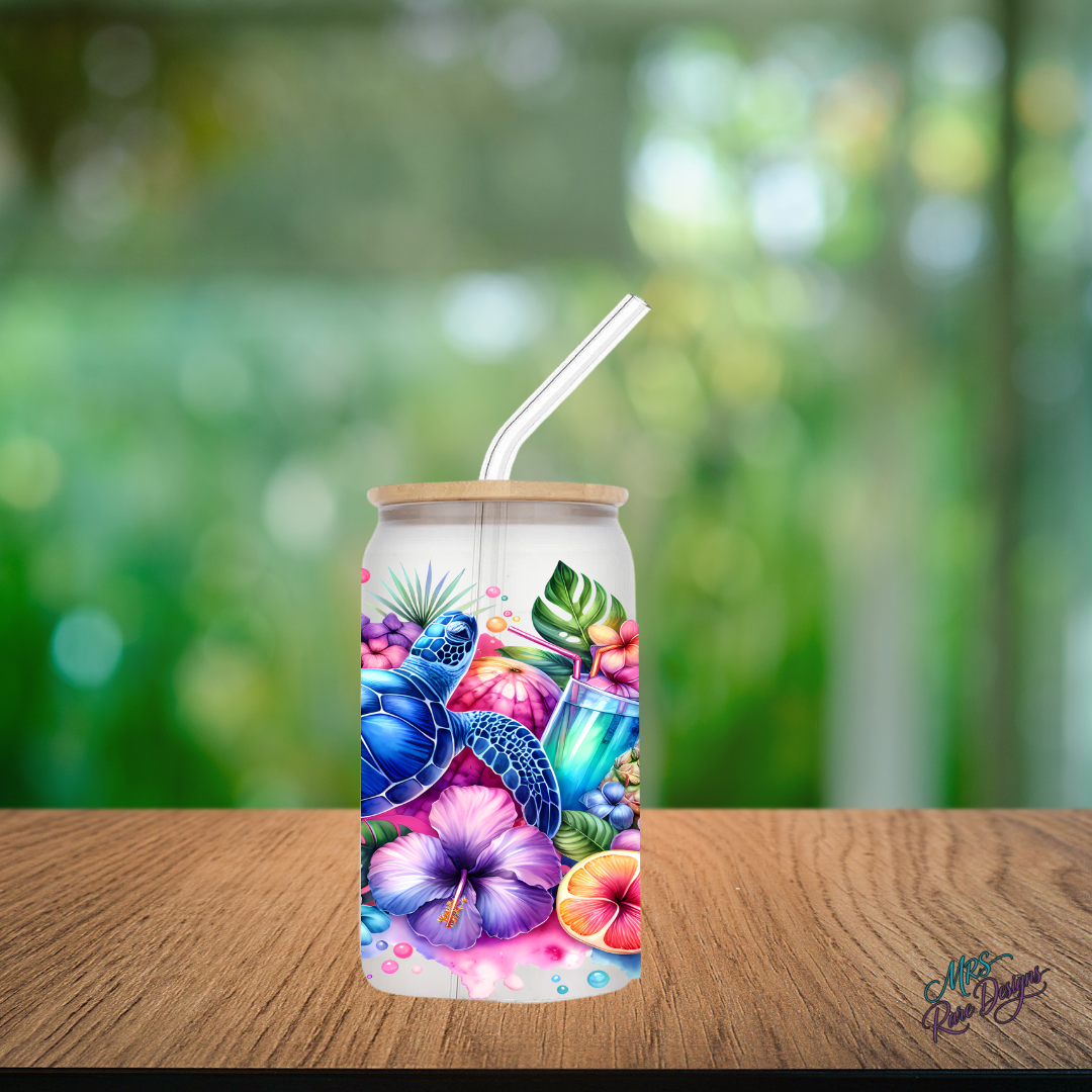 Turtle Time Tropical Sips 16 oz Glass Tumbler