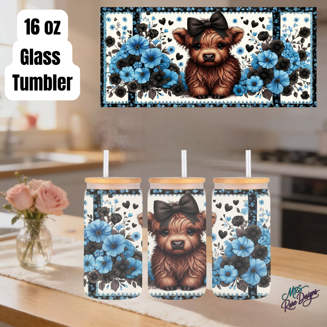 Highland Cow Floral 16oz Glass Tumbler Collection – Blue, Teal, Dark Pink, Lavender & Light Pink Rustic Farmhouse Gift