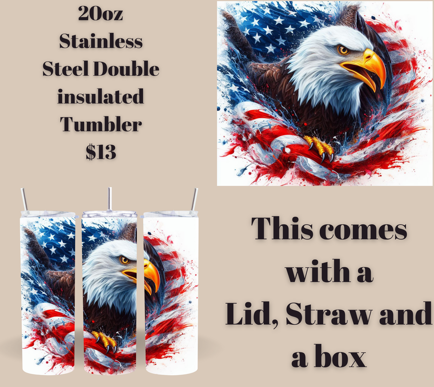 Patriot Eagle 20 oz Skinny Stainless Steel Tumbler