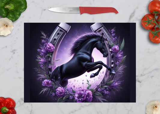 Gallop of Beauty: 3D Horse and Horseshoe Elegance Tempered Glass Cutting board