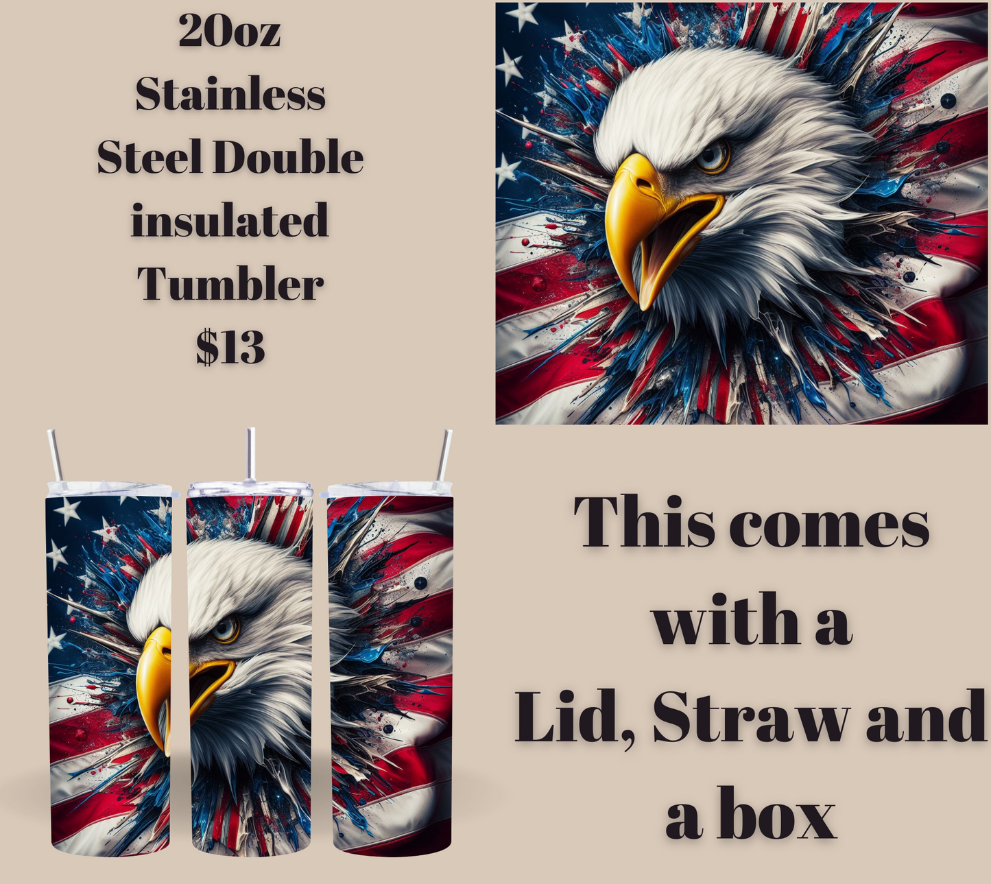 Patriot Eagle 20 oz Skinny Stainless Steel Tumbler