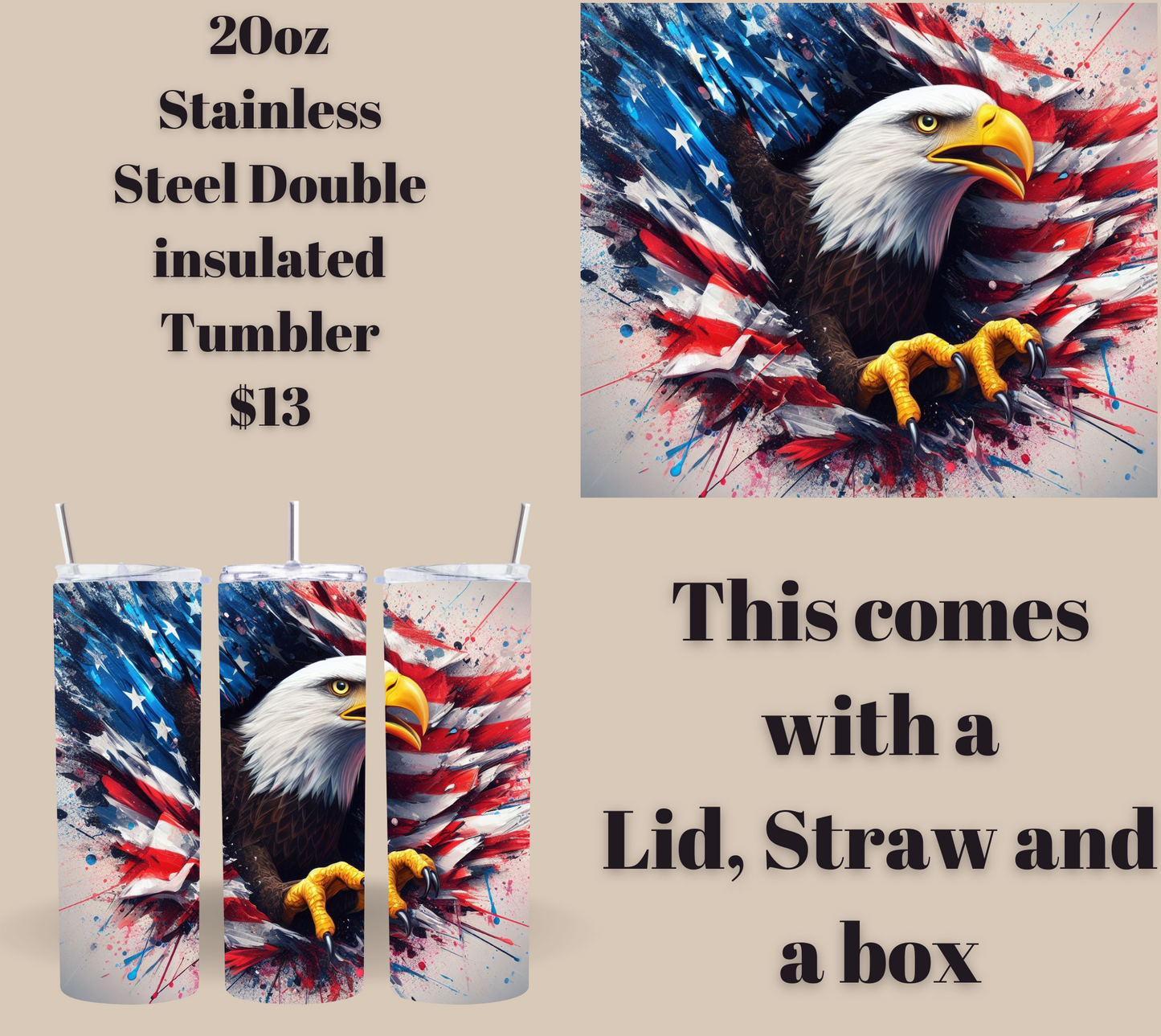Patriot Eagle 20 oz Skinny Stainless Steel Tumbler