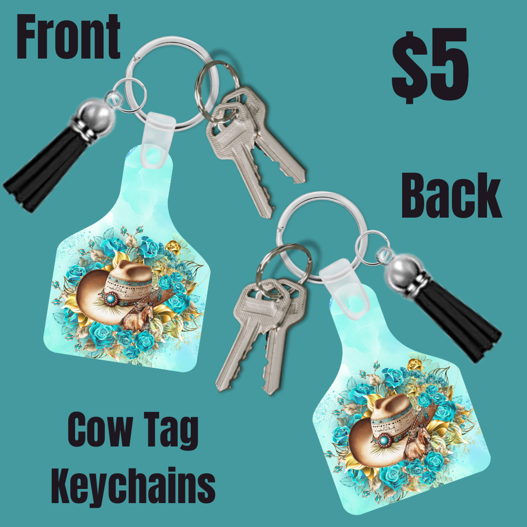 Cowgirl Hat and roses Cow Tag Keychain