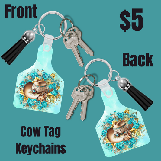 Cowgirl Hat and roses Cow Tag Keychain