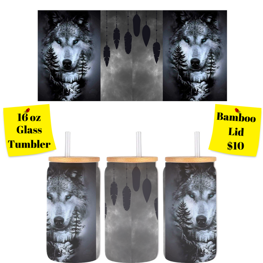 Lone Wolf 16oz Glass Tumbler with Bamboo Lid