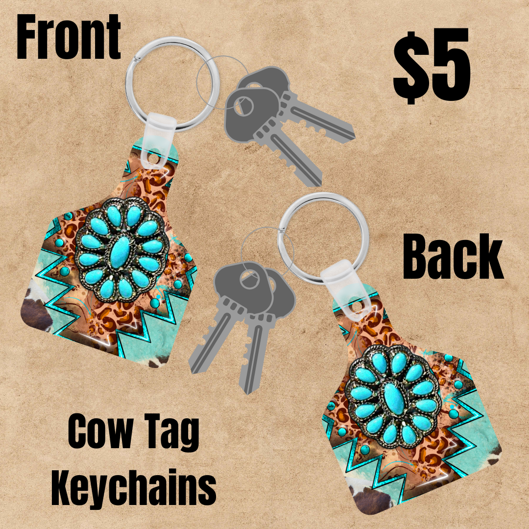 Turquoise stone Western Cow Tag Keychain